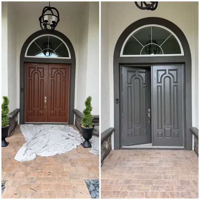 Before and after of arched double front doors repainted from brown to charcoal